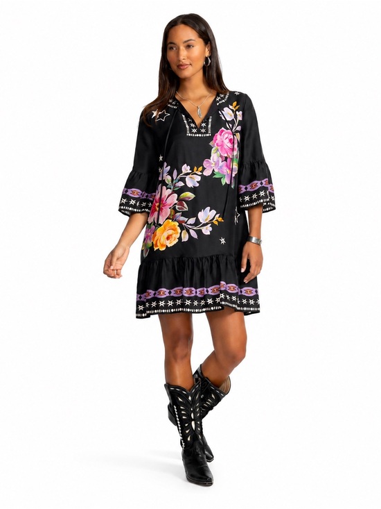 Johnny Was Dresses & Skirts - Johnny Was Jade Hailee Western Kasumi Black Floral Silk Flounce Shift Dress